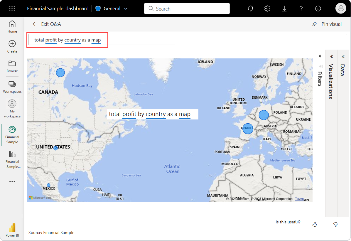 Screenshot der Q&A-Kartenvisualisierung der Finanzbeispieldaten für den Gesamtgewinn nach Land und Region.