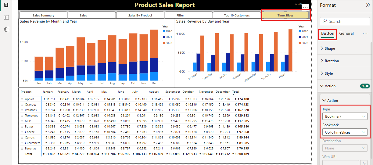 Screenshot shows a report with a bookmark selected and the associated action highlighted.