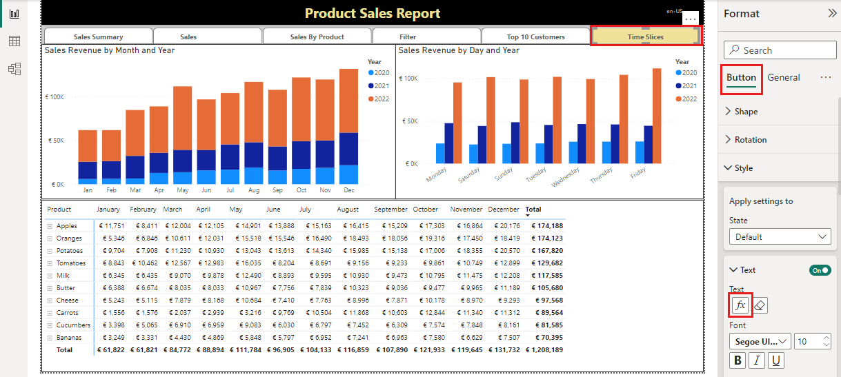 Screenshot shows a report with a bookmark selected and the function button selected.