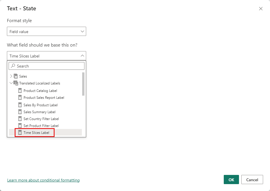 Screenshot shows the Text State dialog box with a data field selected.
