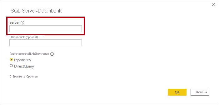 Screenshot: Das Fenster „SQL Server-Datenbank“, auf dem der Serverwert festgelegt wird