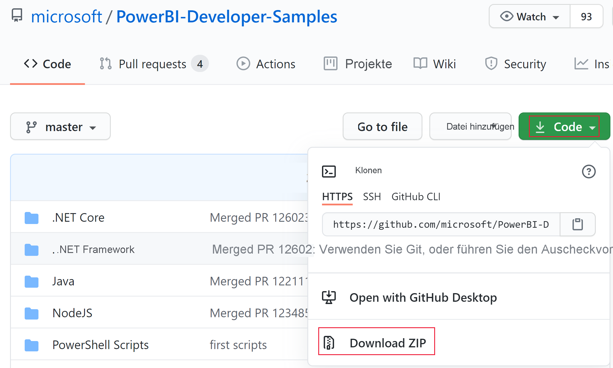 Screenshot: Option zum Herunterladen der ZIP im GitHub-Ordner mit Beispielen für Power BI für Entwickler