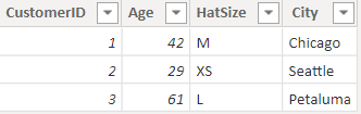 Screenshot showing three columns with the headings Customer ID, Age, Hat Size, and City.