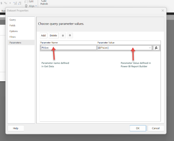 Screenshot der Parameter in Dataseteigenschaften im Power BI Report Builder.