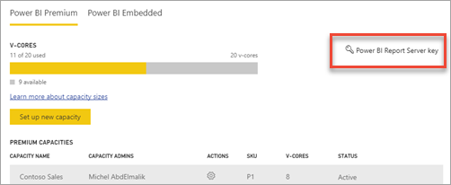 Screenshot of Power BI Report Server key within Premium settings.