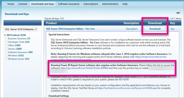 Screenshot von SQL Server Enterprise mit den Registerkarten „Herunterladen“ und „Schlüssel“ mit Informationen zur Power BI-Berichtsintegration