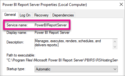 Eigenschaften des Windows-Diensts „Berichtsserver“