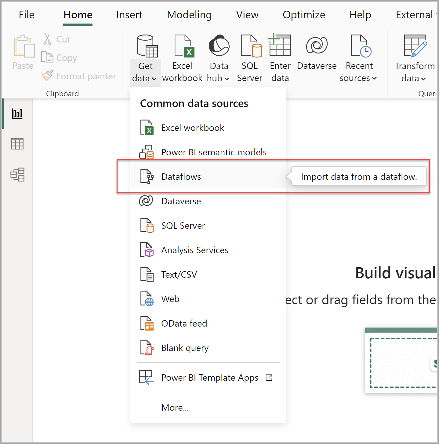 Screenshot von Power BI Desktop, wobei die Dataflowsoption in der Dropdownliste „Daten abrufen“ hervorgehoben ist.