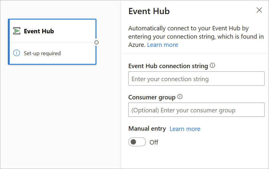 Screenshot that shows the event hub card and configuration pane in diagram view.