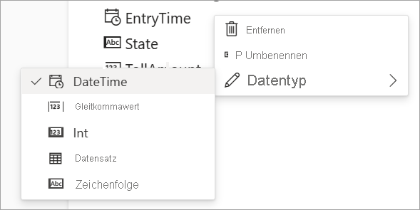 Screenshot that shows remove, rename and data type options for input data.