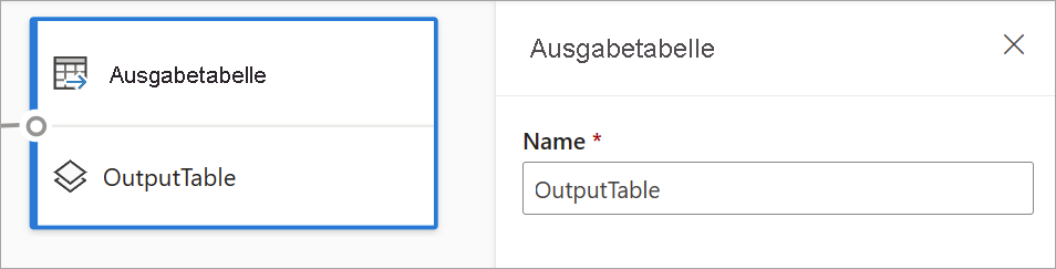 Screenshot that shows the output table card and output table configuration pane.