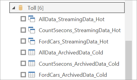 Screenshot of a list of output tables in the Toll dataflow.