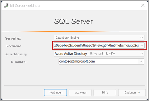 Screenshot: SQL Server-Fenster „Mit Server verbinden“