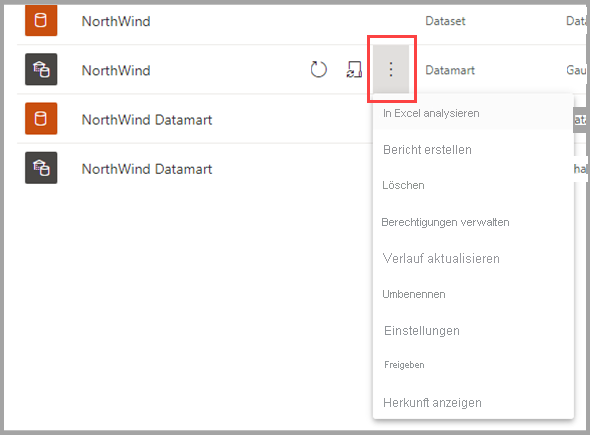 Screenshot of the datamart context menu.