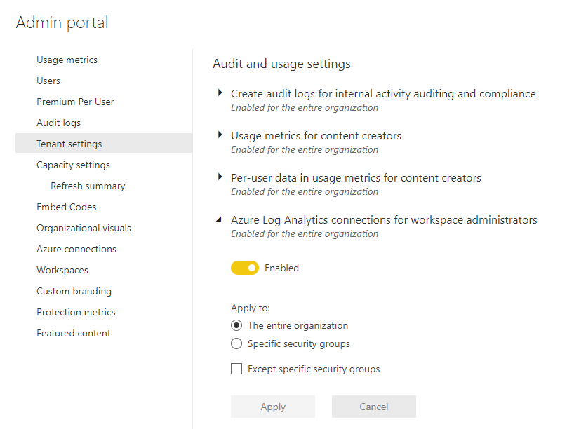 Screenshot of tenant settings in the Admin portal. Azure log analytics connections for workspace administrators is expanded and enabled.
