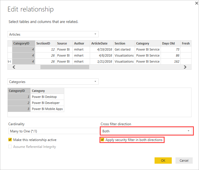 Screenshot of the Edit relationship dialog box with Cross filter direction set to both and the checkbox to Apply security filter in both directions selected.