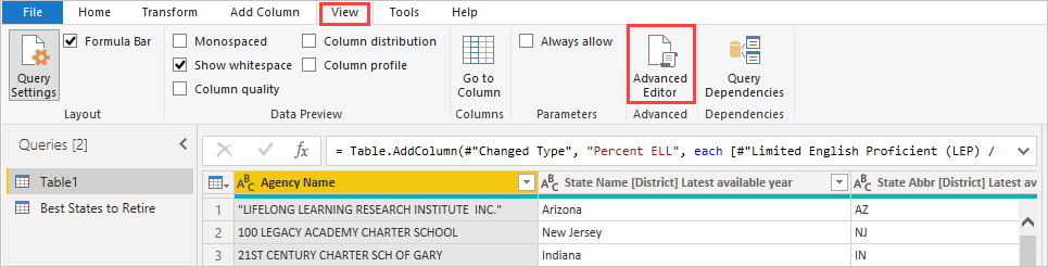 Screenshot: Power Query-Editor mit hervorgehobener Schaltfläche „Erweiterter Editor“ auf der Registerkarte „Ansicht“.