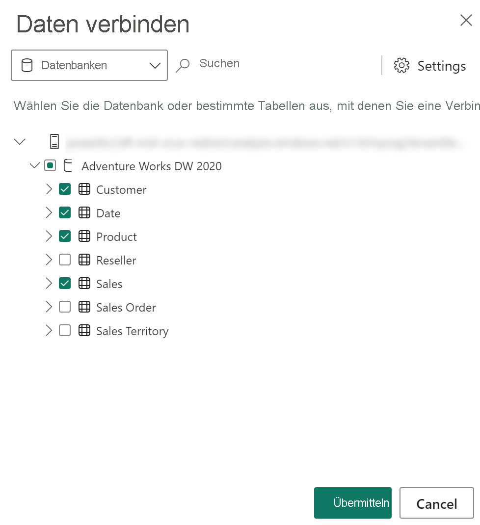 Dialogfeld, mit dem Sie festlegen können, welche Tabellen aus einem semantischen Power BI-Modell oder Azure Analysis Services-Modell geladen werden sollen