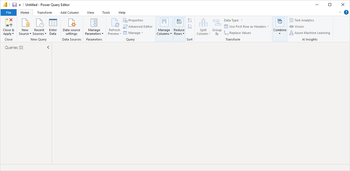 Screenshot von Power BI Desktop mit dem Power Query-Editor ohne Datenverbindungen