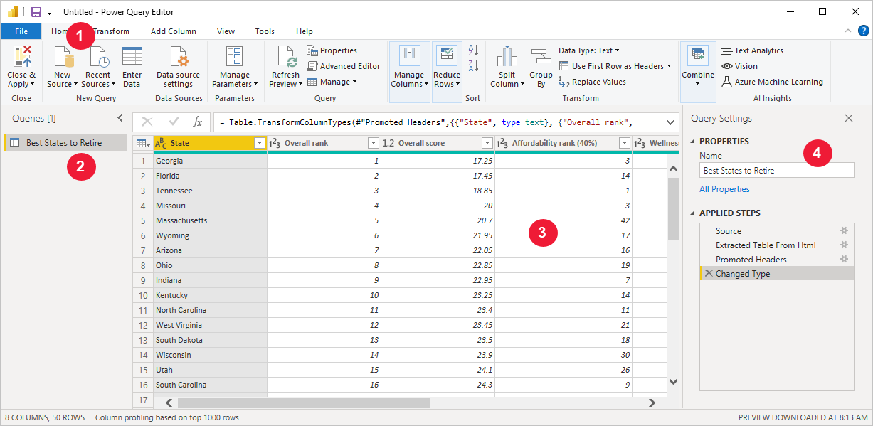 Screenshot von Power BI Desktop mit dem Bereich „Abfrageeinstellungen“ im Power Query-Editor