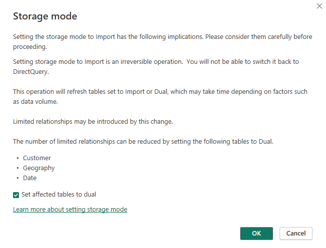 Screenshot eines Fensters, in dem die Auswirkung des Änderns des Speichermodus in den Importmodus beschrieben wird, mit einer Option zum Festlegen von Dimensionstabellen auf den Dual-Modus.