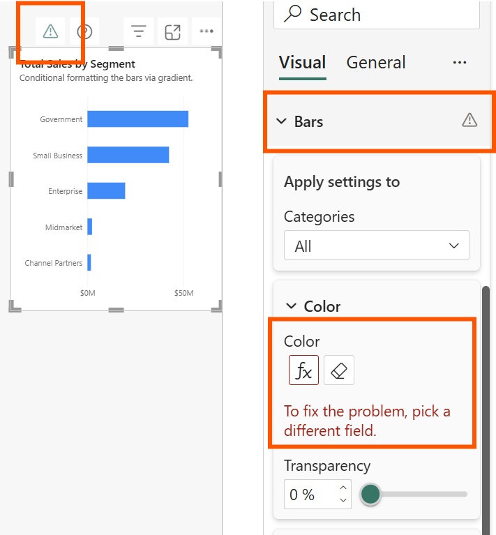 Screenshot eines visuellen Elements mit Fehlern bei bedingter Formatierung. Warnungssymbole werden im visuellen Kopfzeilen- und Formatbereich angezeigt, und eine Fehlermeldung weist den Benutzer an, ein anderes Feld zu wählen.