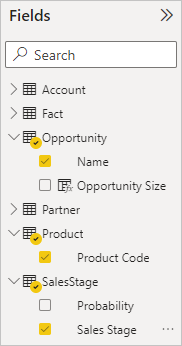 Der Screenshot zeigt die Auswahl der Felder Name, Produktcode und Verkaufsstufe.