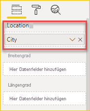 Screenshot shows the Visualizations pane with City data in the Locations field well.