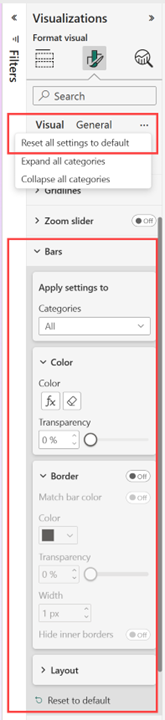 Screenshot, der die erweiterten Balken-Optionen mit hervorgehobener Option zum Zurücksetzen auf die Standardeinstellungen zeigt.