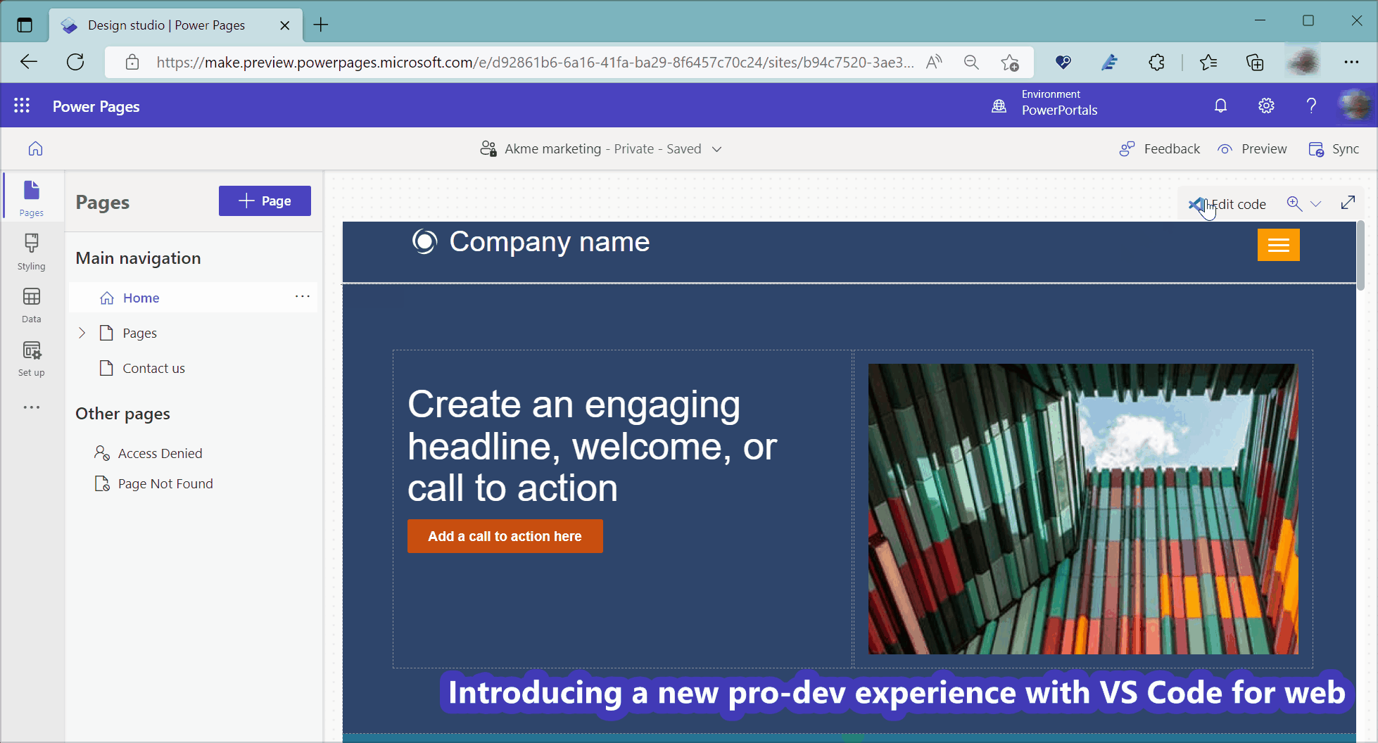 Demo der Verwendung von Visual Studio Code für Web zur Bearbeitung von Power Pages Website.