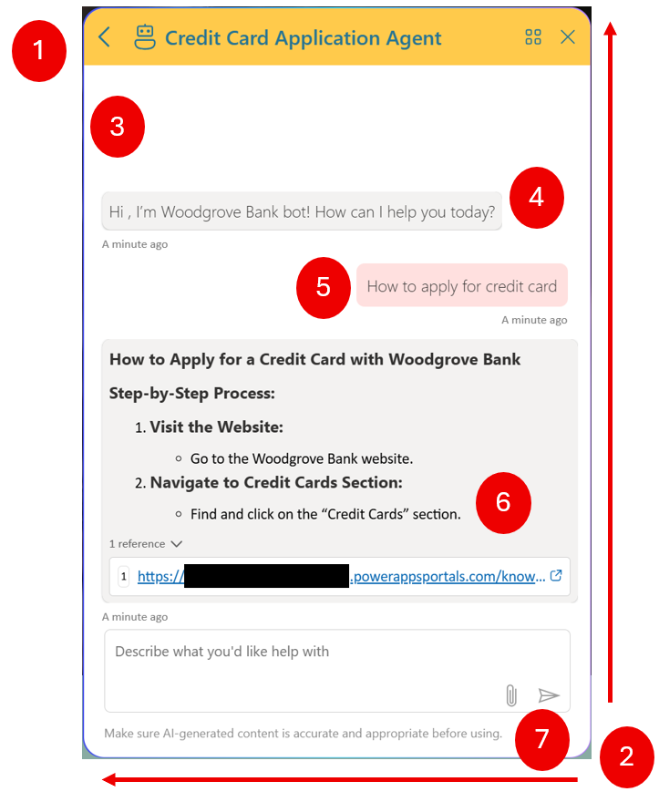 Screenshot eines Chatbots mit einzelnen Elementen, die hervorgehoben und nummeriert sind.