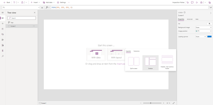 Ein Screenshot des Editors für Seiten im modernen App-Designer mit Optionen für dynamisches Layout.
