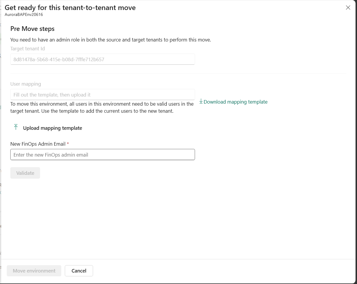 Screenshot des Bereichs „Vorbereiten für diese Mandanten-zu-Mandanten-Migration“ mit dem Feld „Neue FinOps-Administrator-E-Mail“.