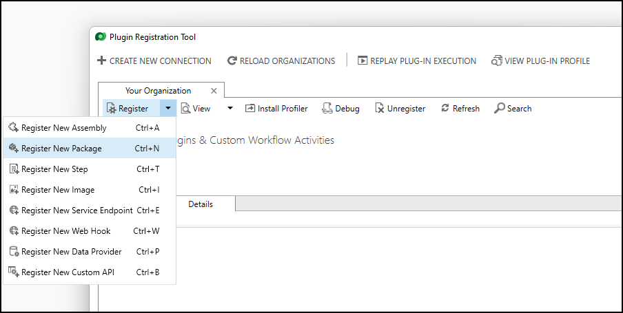 Befehl zum Registrieren eines Plug-In-Pakets mit dem Plug-In-Registrierungstool.