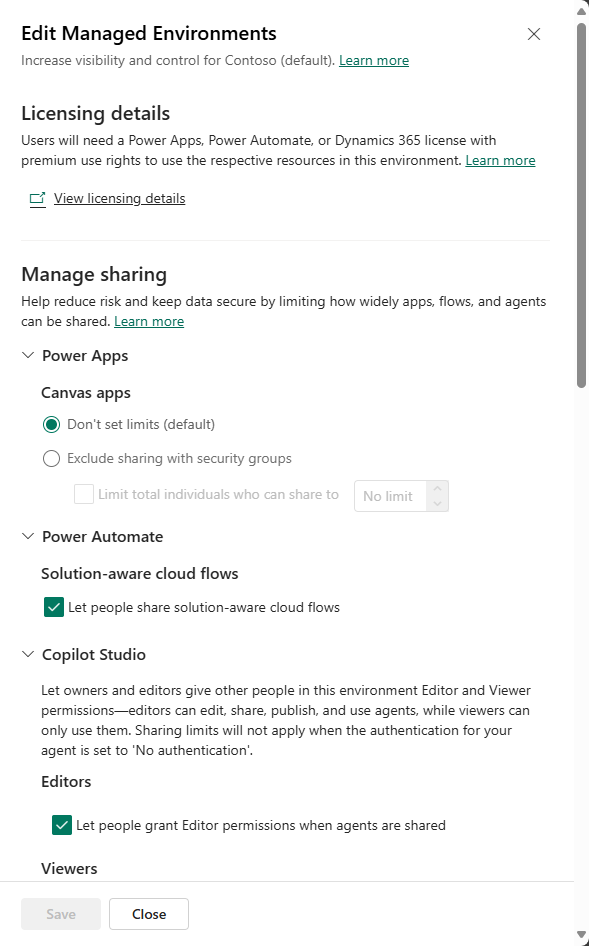 Screenshot der Verwaltung von Freigabebeschränkungen im Power Platform Admin Center.