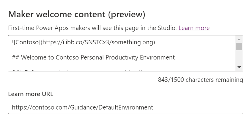 Screenshot der Einstellungen für Maker-Willkommensinhalte in Power Apps.