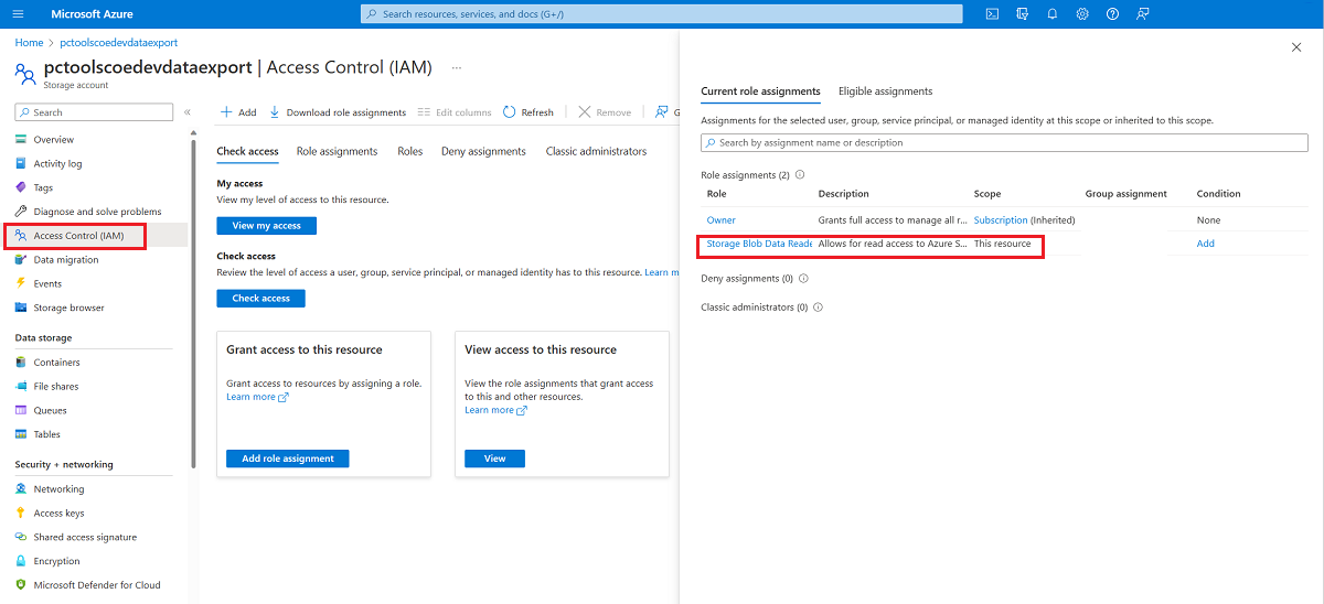 Bestätigen Sie, dass Ihr Konto über die Rolle Storage-Blob-Datenleser verfügt.