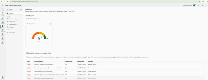 Die Seite „Sicherheit“ im neuen Power Platform Admin Center
