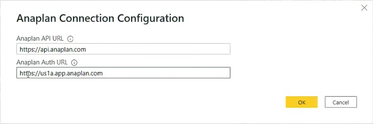 Dialogfeld für Anaplan-Verbindungskonfiguration.