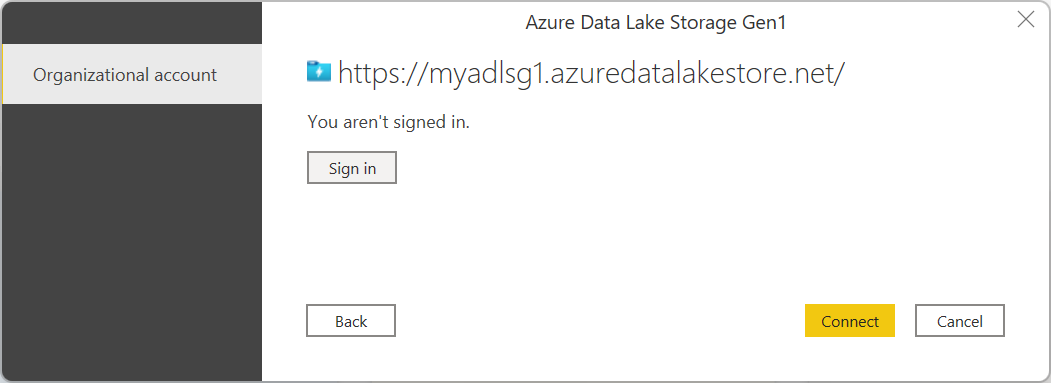 Screenshot of the sign in dialog box for Azure Data Lake Storage Gen1, ready to be signed in.