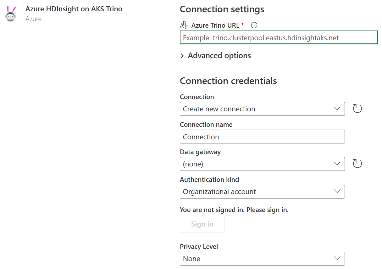 Screenshot des Verbindungsdialogfelds für Azure HDInsight on AKS Trino.