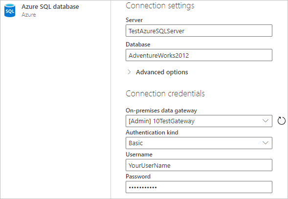 Geben Sie die Onlineverbindung der Azure SQL-Datenbank ein.
