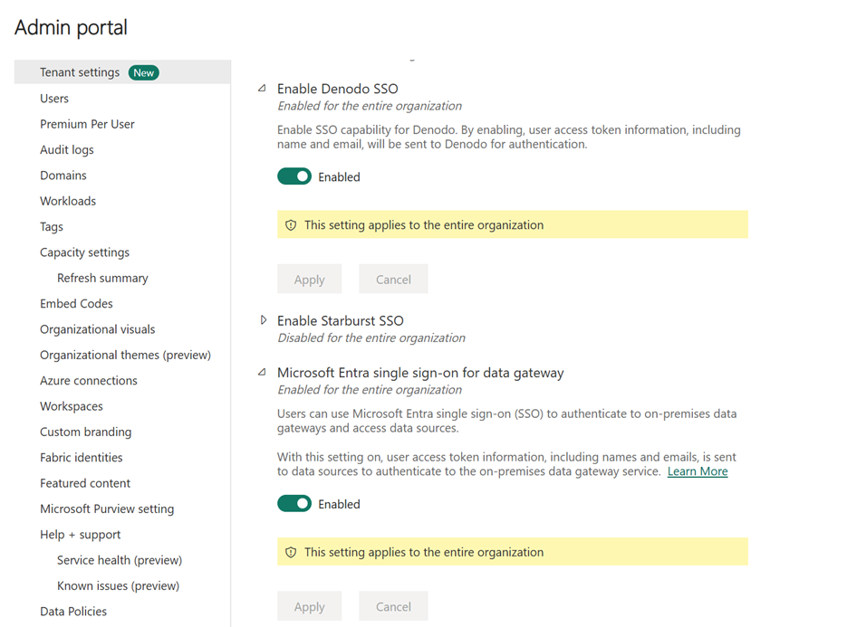 Screenshot der Power BI Mandanten-Administratoreinstellungen mit aktiviertem Denodo SSO und Microsoft Entra ID SSO für das Datengateway.