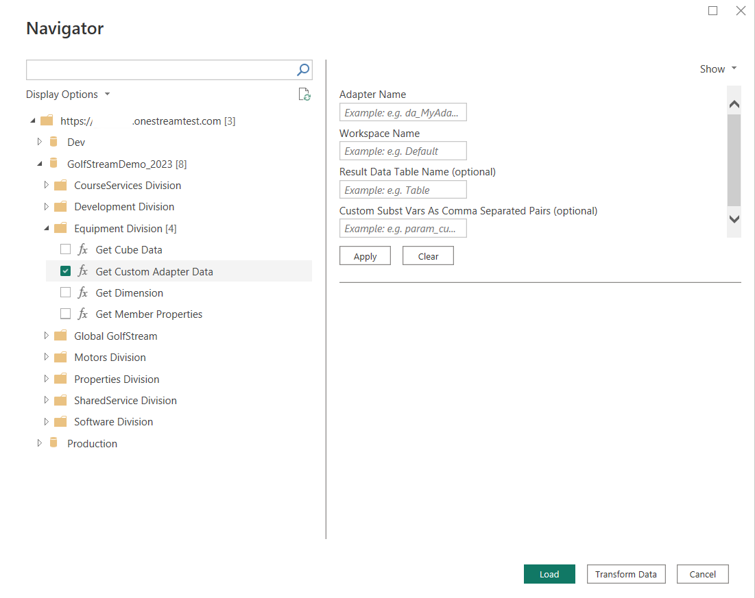 Screenshot: Navigator-Dialog mit hervorgehobener Funktion „Benutzerdefinierte Adapterdaten abrufen“.