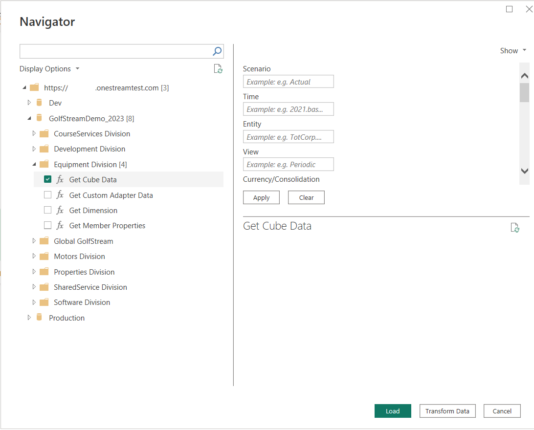 Screenshot: Navigator-Dialog mit hervorgehobener Funktion „Cubedaten abrufen“.