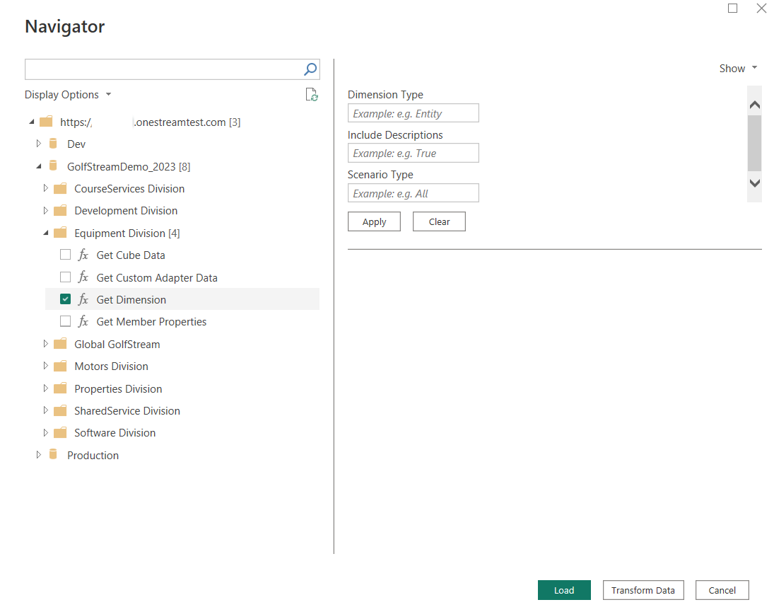 Screenshot: Navigator-Dialog mit Auswahl von „Dimension abrufen“.