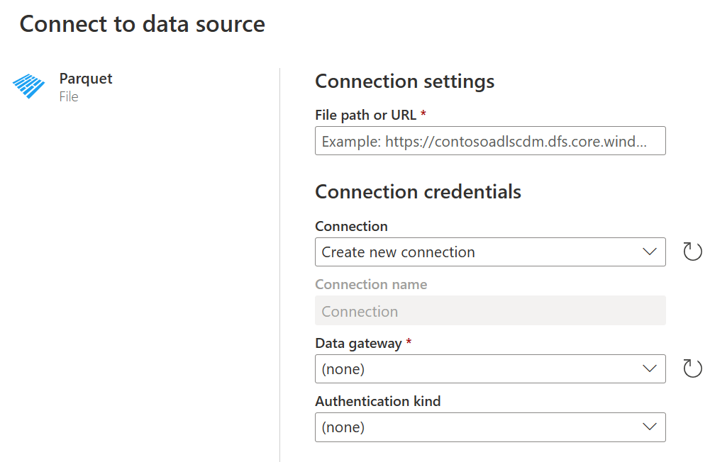 Screenshot of the Connect to data source window for the Parquet file connection.