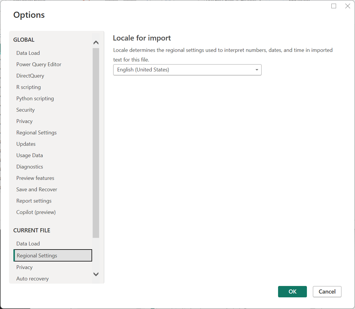 Gebietsschemaeinstellung in Power Query für Desktop.