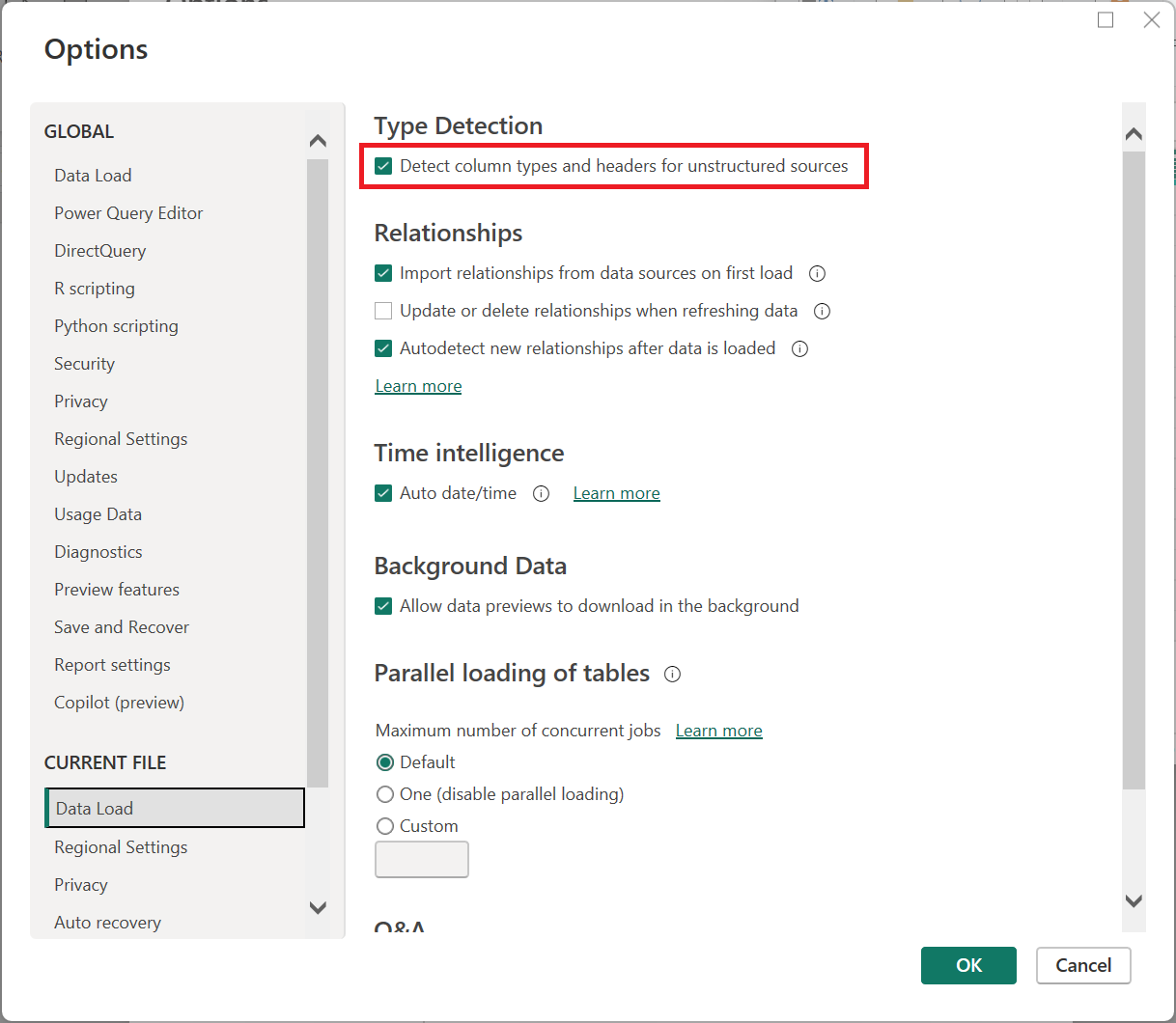 Option Datentyp automatisch erkennen in Power Query für Desktop.