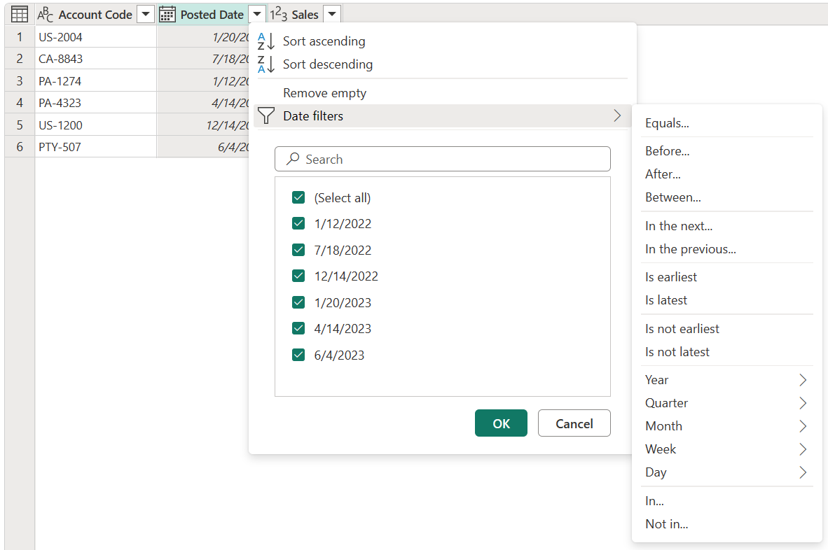 Screenshot der Menüelemente mit Befehlen und Filtern, die sich auf Spalten beziehen, die Daten mit dem Datentyp „Datum“ enthalten.